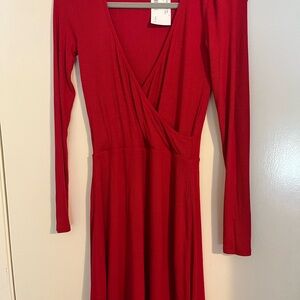 INTERMIX Red Long Sleeve V-Neck Fit and Flare Dress